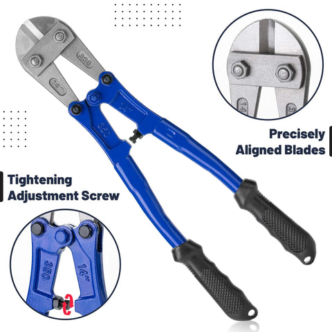 14 Inch Heavy Duty Bolt Cutter Built Tough With Ergonomic Anti Slip Handles For Cutting Locks Chains Wires And Chain Link Fences Made From T8A Steel For High Hardness And Long Lasting Performance with blue handles and adjustment screw.