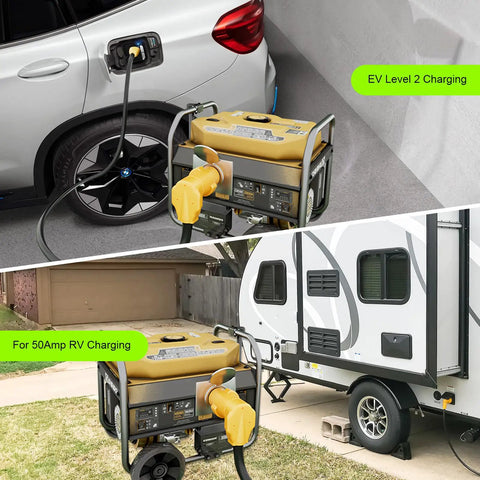 Heavy Duty Nema L14-30P To 14-50R RV Generator Adapter With 30 Amp Locking Plugs Plug And Go EV Power Converter connected to EV and RV.