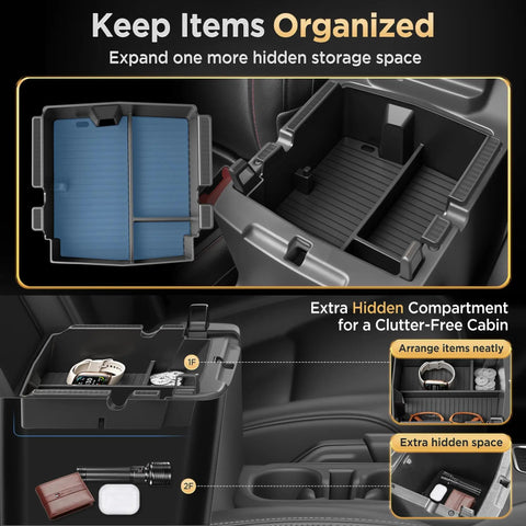 Center Console Organizer Tray for Jeep Wrangler JL JLU 4XE 2018 2026 and Gladiator JT 2020 2026 with compartments and hidden space