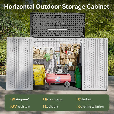Heavy Duty HDPE Outdoor Storage Box 41 Cu Ft 160 Gallon Waterproof Lockable Deck Box with open doors showing tools and equipment.
