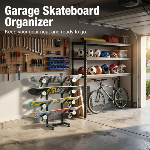 Freakishly Durable Industrial Grade Steel Knocks Out Clutter With A Badass 4 Tier Skateboard Rack Floor Stand For Garage Bedroom Display Holds Longboards Cruisers Skis Boots And Snowboards in a garage setting with tools.