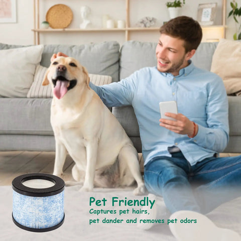 Man with dog on couch next to C102 MA-04GB filter, labeled pet friendly, captures pet hairs and dander, enhances air quality.