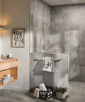 Modern bathroom with brushed nickel eight function high pressure showerhead with five inch spray head and hose easy install handheld design for a power packed shower experience.