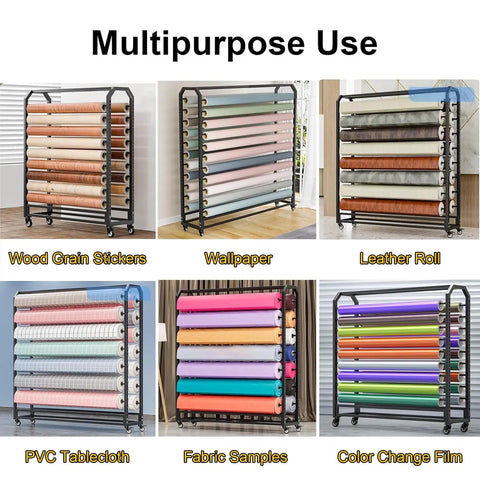 Vinyl Wrap Rack With Lockable Wheels, 12 Rods Fabric Organizer, 175cm Adjustable Storage Cart For Auto Shop And Craft Supplies, Heavy Duty Metal Frame, Customizable Rod Spacing For Rolls showing rolls of wallpaper and vinyl