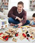 Father and son assembling Hands On Remote Control Car Building Kit For Kids 8 Through 12 Cool Stem Toys with wood 3D puzzles