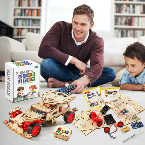 Father and son assembling Hands On Remote Control Car Building Kit For Kids 8 Through 12 Cool Stem Toys with wood 3D puzzles