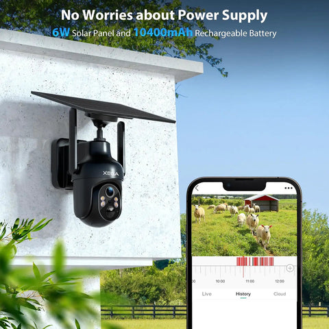 Heavy Duty Solar Security Camera With 4G LTE And Built In Sim Card For Outdoor Wireless Use, mounted on wall with solar panel.
