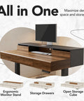 48 Inch Standing Desk With Drawers And Monitor Shelf Electric Height Adjustable Sit Stand Desk With Storage Whole Piece Board Black Walnut Finish Sturdy Steel Frame For Home Office, showing ergonomic monitor stand and storage drawers.