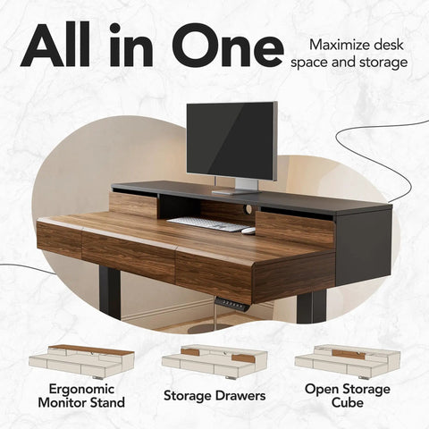 48 Inch Standing Desk With Drawers And Monitor Shelf Electric Height Adjustable Sit Stand Desk With Storage Whole Piece Board Black Walnut Finish Sturdy Steel Frame For Home Office, showing ergonomic monitor stand and storage drawers.