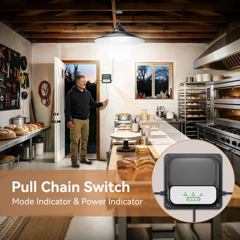 2000 Lumen Solar Shed Light With Pull Chain Switch Heavy Duty Waterproof Pendant Lamp illuminating a kitchen with baked goods.