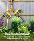 Outdoor Sprinkler Timer For Garden Irrigation With Rain Delay And Manual Watering, two timers connected to hoses.