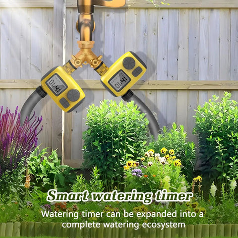 Outdoor Sprinkler Timer For Garden Irrigation With Rain Delay And Manual Watering, two timers connected to hoses.