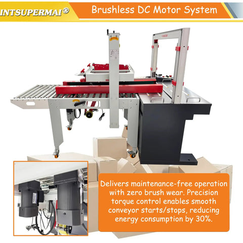 Automatic Carton Sealer And Strapper All In One Box Packing Station Adjustable 120 To 500Mm with brushless DC motor system.