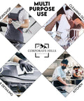 Photo collage showing uses for Pack Of 50 White 12 By 12 Inch Cotton Terry Cleaning Cloths For Auto Detailing, Painters, and General Cleaning