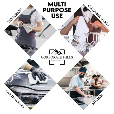 Photo collage showing uses for Pack Of 50 White 12 By 12 Inch Cotton Terry Cleaning Cloths For Auto Detailing, Painters, and General Cleaning