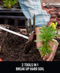 Gardener using Premium Stainless Steel ComfortGEL All In One Hoe Cultivator With Comfy Grip for bed prep and soil aeration