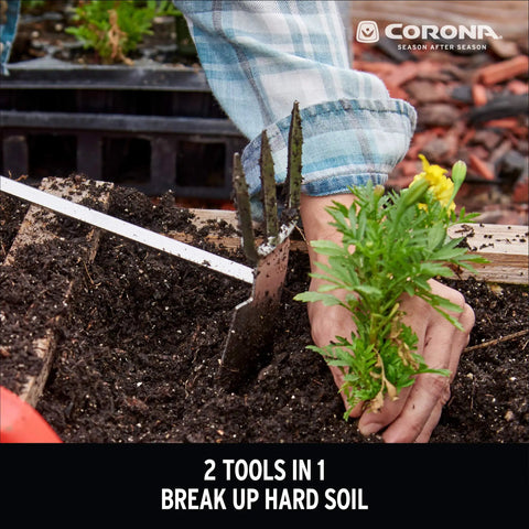 Gardener using Premium Stainless Steel ComfortGEL All In One Hoe Cultivator With Comfy Grip for bed prep and soil aeration