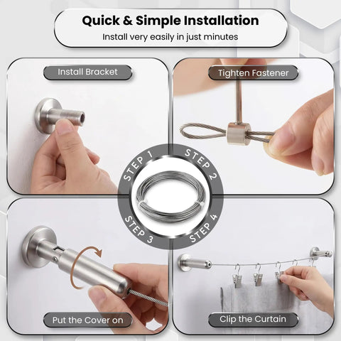 Stainless Steel Curtain Wire Rod Set 16.4 Ft With 24 Clips And Corner Connectors For Easy No Fuss Flexible Angled Installations Great For Windows Balconies Or Wall Mounted Curtain Panels., stainless steel curtain wire kit installed in four steps with brackets, fastener, cover, and clips