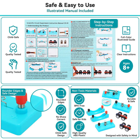 Hands-On Electricity And Magnetism Lab Kit For Kids Ages 8 To 16, illustrated manual and components for circuit learning