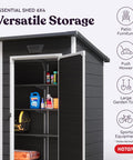 4x6 Resin Outdoor Storage Shed With 139 Cu Ft Of Space open showing shelves with tools and supplies, black-and-white finish, steel reinforcement