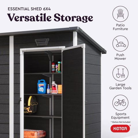 4x6 Resin Outdoor Storage Shed With 139 Cu Ft Of Space open showing shelves with tools and supplies, black-and-white finish, steel reinforcement