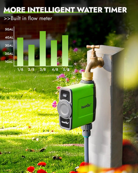 Smart WiFi Water Timer For Garden Hose With Brass Inlet Sprinkler Controller Ethernet Gateway Rain Delay And Remote Scheduling attached to outdoor faucet.