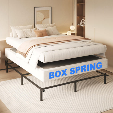 Heavy Duty King Size Box Spring And Mattress Base With Low 7 Inch Profile Solid Metal Frame in modern bedroom setting.