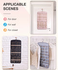 Anti-Tangle Hanging Jewelry Organizer With 32 Clear Pockets And 20 PVC Anti-Tarnish Bags displayed on wall and door.