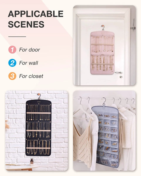 Anti-Tangle Hanging Jewelry Organizer With 32 Clear Pockets And 20 PVC Anti-Tarnish Bags displayed on wall and door.