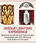 Two Light Tiffany Style Wall Lamp With Stained Glass In Brown Yellow Red Dope Vintage Vibe For Bedroom Or Living Room Ten Inch Wide And Thirteen Point Five Inch Tall Up And Down Lighting Gift Idea showing warm glow and bulb socket.