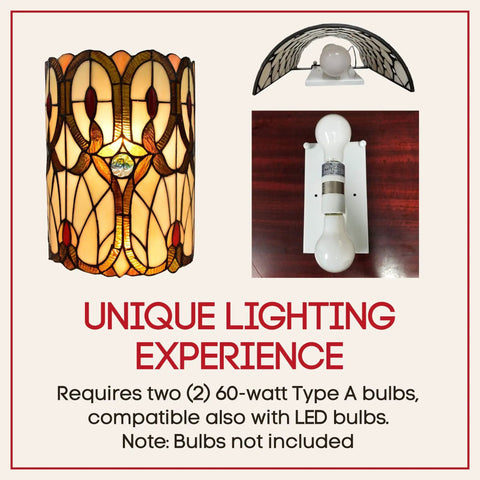 Two Light Tiffany Style Wall Lamp With Stained Glass In Brown Yellow Red Dope Vintage Vibe For Bedroom Or Living Room Ten Inch Wide And Thirteen Point Five Inch Tall Up And Down Lighting Gift Idea showing warm glow and bulb socket.