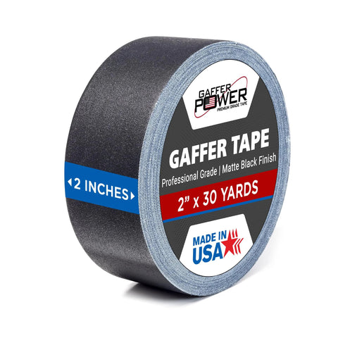 Gaffer Power matte black gaffer tape roll, 2 in x 30 yd, heavy-duty, made in USA.