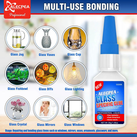 Bottle of Crystal Clear Glass Glue with blue cap for quick, no drama repairs on glass, jewelry, art, mirrors, and glassware.