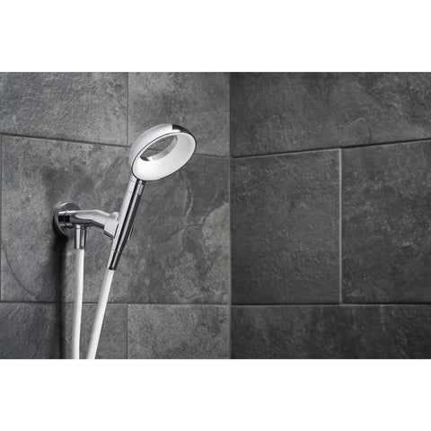 Statement VES Handshower Holder With Supply, Magnetic Dock, shown on tiled wall, premium metal, adjustable spray tilt