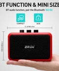 Red Mini 5W Electric Guitar Practice Amp With Clean And Overdrive Modes, Bluetooth Streaming, and Compact Design, 12.3cm x 7.7cm