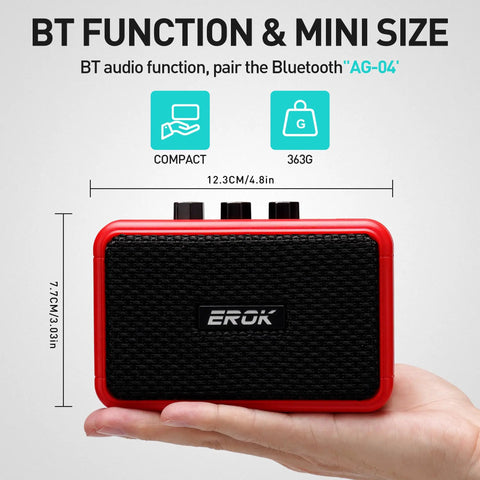 Red Mini 5W Electric Guitar Practice Amp With Clean And Overdrive Modes, Bluetooth Streaming, and Compact Design, 12.3cm x 7.7cm