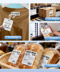 Collage of usage examples for 4x3 Inch Thermal Label Roll For Small Business, Waterproof Shipping Labels For Thermal Printers, Pro Grade Logo Stickers, 500 Pack, Durable Labels For Packaging And Branding, Great For Product Labeling And Inventory in business tags, home jars, and bakery products.