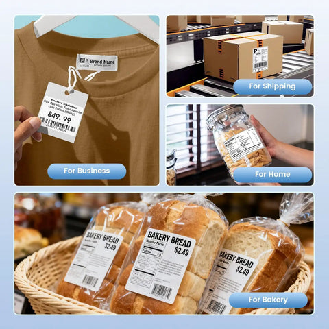 Collage of usage examples for 4x3 Inch Thermal Label Roll For Small Business, Waterproof Shipping Labels For Thermal Printers, Pro Grade Logo Stickers, 500 Pack, Durable Labels For Packaging And Branding, Great For Product Labeling And Inventory in business tags, home jars, and bakery products.