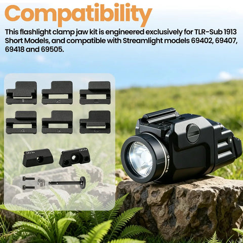 Knockout 69322 TLR Clamp Jaw Kit For Streamlight 1913 Short Rail Accessory Replacement Set compatible parts and flashlight on stone.