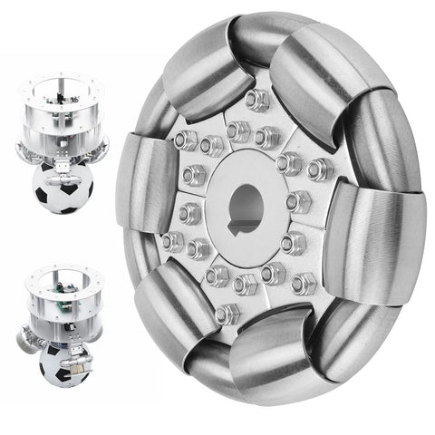 100mm stainless steel omni wheel with eight roller segments around a central hub; front and side views.