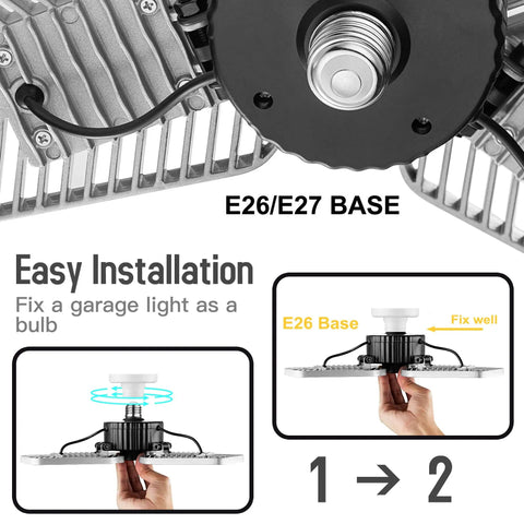 Ultra Bright LED Garage Light Deformable Ceiling Panel 9000 Lumens 82W CRI 80 Adjustable Shop Lighting with E26/E27 base