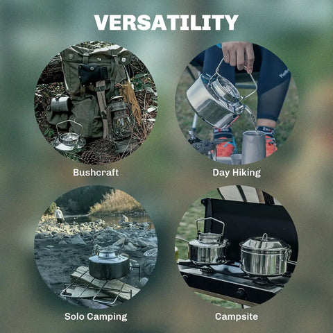 One Liter Lightweight Stainless Steel Camping Kettle Built Tough For Bushcraft And Outdoor Campfire Use in four outdoor settings