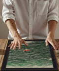 Japanese Style Ocean Rowing Wall Art For Bedroom And Living Room, Retro Green Wave Canvas Print being examined on table