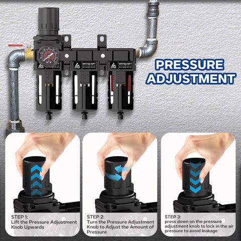 Three Stage Air Drying System For 1/2 Inch NPT Air Compressors, Includes 5 Micron Brass Filter, 0.5 Micron Fiber, 0.01 Micron Filter Cartridges