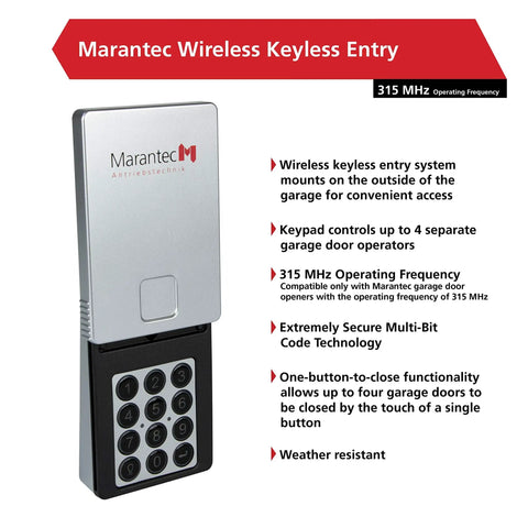 Wireless Keyless Garage Entry System With PIN Access For Up To Four Doors shown with features and keypad close-up.