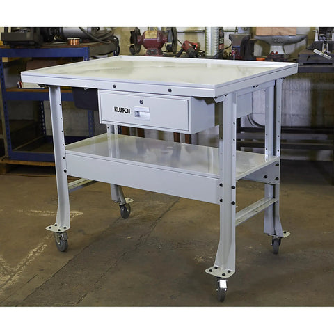 Beefy Heavy Duty Tear Down Table Workbench With Drain, Steel Work Surface And Built In Containment Basin, Lockable Storage Drawer, 1000 Lb Capacity, Four 4 Inch Poly Swivel Casters Two Locking For Easy Mobility