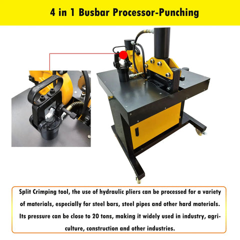 Beast Mode Heavy Duty 4 In 1 Electric Hydraulic Busbar Processing Machine with cutter and puncher on black metal base.