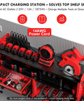 Power Tool Organizer Wall Mount With Drill Rack, Grinder Holder, 6 Outlet Charging Shelf, and Locking Drawers in Red