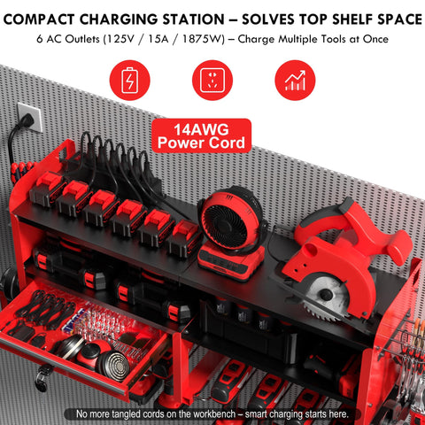 Power Tool Organizer Wall Mount With Drill Rack, Grinder Holder, 6 Outlet Charging Shelf, and Locking Drawers in Red