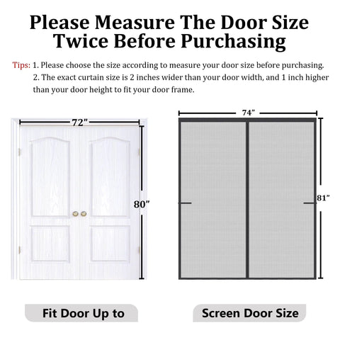 Diagram showing fit for Upgraded Magnetic Screen Door With Full Strip Magnets 74x81 Inch Fiberglass Heavy Duty Mesh against door dimensions.
